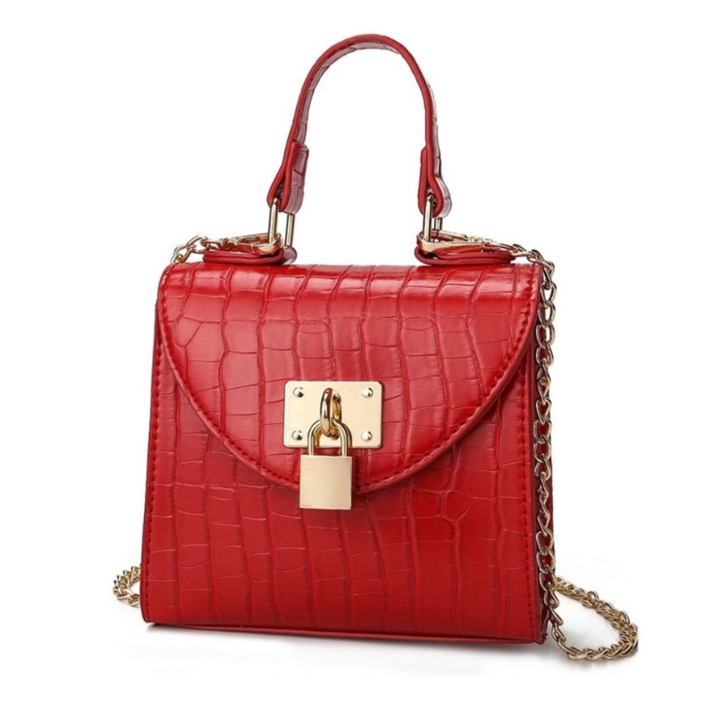 Mini Red Croc Embossed Chain Satchel Bag